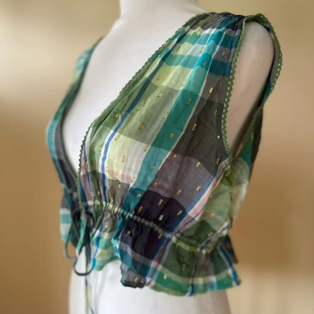 NWOT Aerie Blue Green Plaid Peplum Summer Crop Top Front Tie Plunge Neck Size XS - Picture 5 of 8
